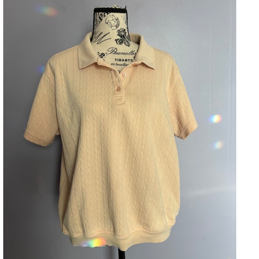 VTG 80s 90s Haband Peach Cable Knit Short Sleeve Polo Shirt Banded Hem Large